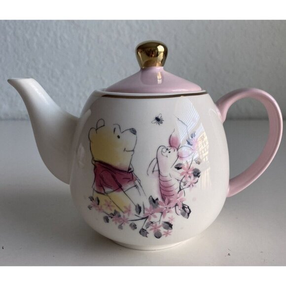 Disney Winnie the Pooh & Piglet Tea Pot Cherry Blossoms Ceramic Teapot NEW - Picture 1 of 9
